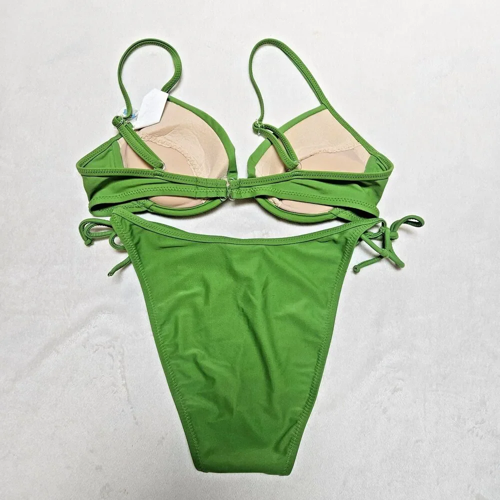 Malibu Separates 2 Piece Bikini Sz M Vivid Green Padded Cups Adjustable Cheeky